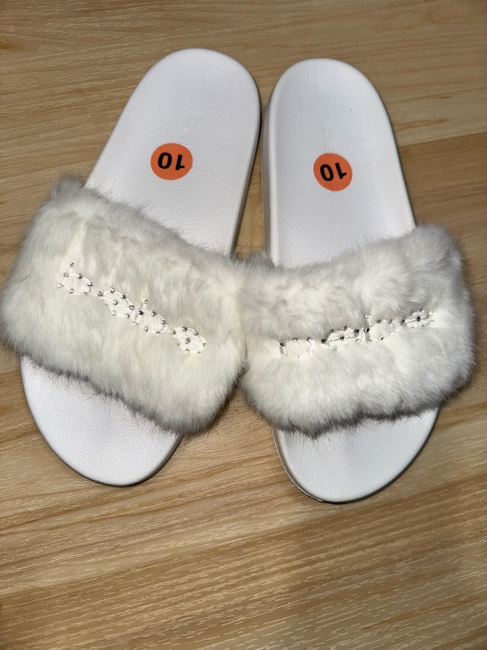 bebe White Faux Fur Slide Sandals with Crystal Detail
